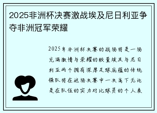 2025非洲杯决赛激战埃及尼日利亚争夺非洲冠军荣耀